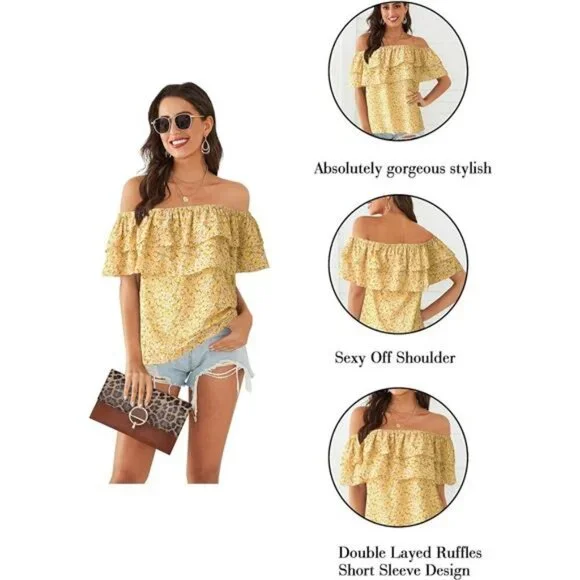 Women's Casual Off Shoulder Ruffle Blouse - Summer Stylish Top, Chic and Elegant - Picture 3 of 6